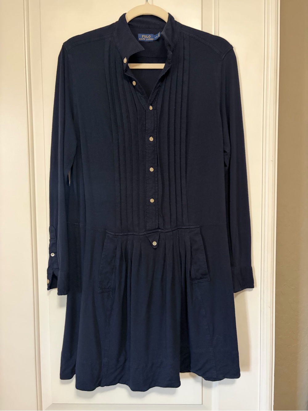 🇺🇸🐎Ralph Lauren Navy Long-Sleeve Pleated Pintuck Shirt Dress🐎🇺🇸